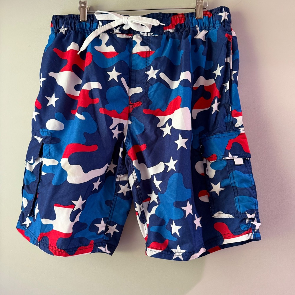 Kanu‎ Surf Swim Trunks Mens XL Blue Red White Excellent Patriotic Camo Stars
